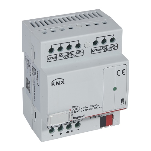 KNX. Контроллер управления фанкоилами 0-10В (3 скорости вентилятора, 2 клапана 0-10В) . DIN 4 модуля | код 049041 |  Legrand